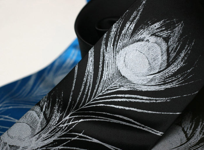 Silver ink on black, electric blue, black silk.