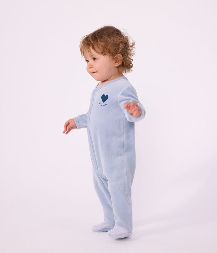 Petit Bateau Velour Snap Footie with Heart in Blue