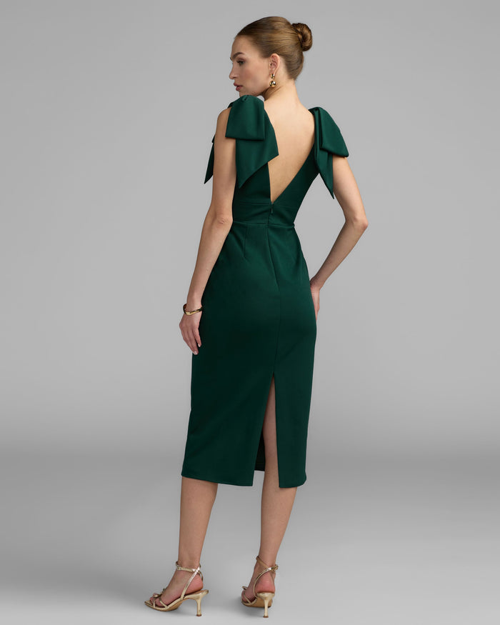 Petite Emerald Bow Strap Crepe Fitted Midi Dress Ieena for Mac Duggal