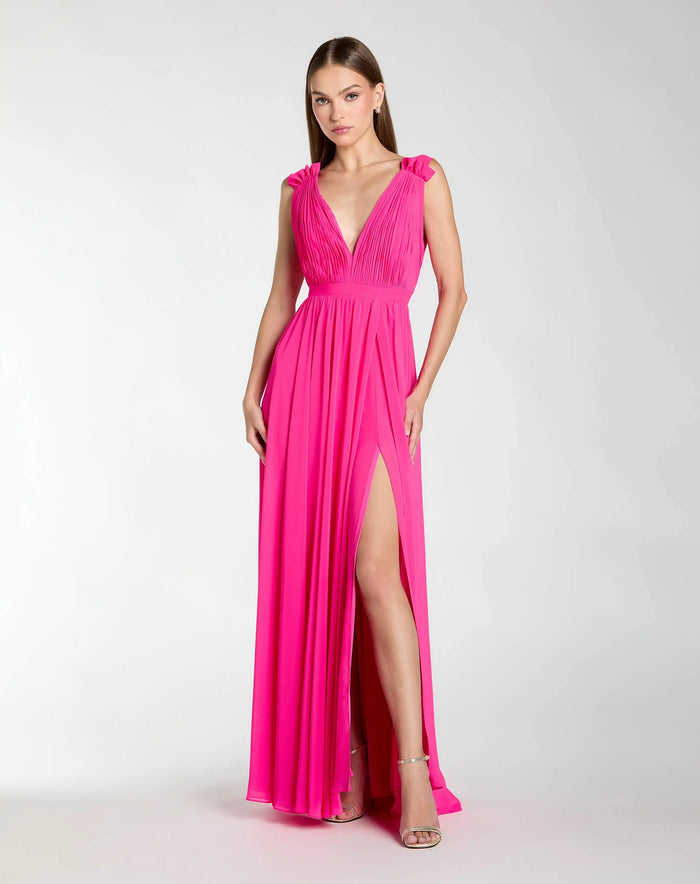 Petite Pink Sleeveless Pleated Chiffon V-Neck Gown Ieena for Mac Duggal