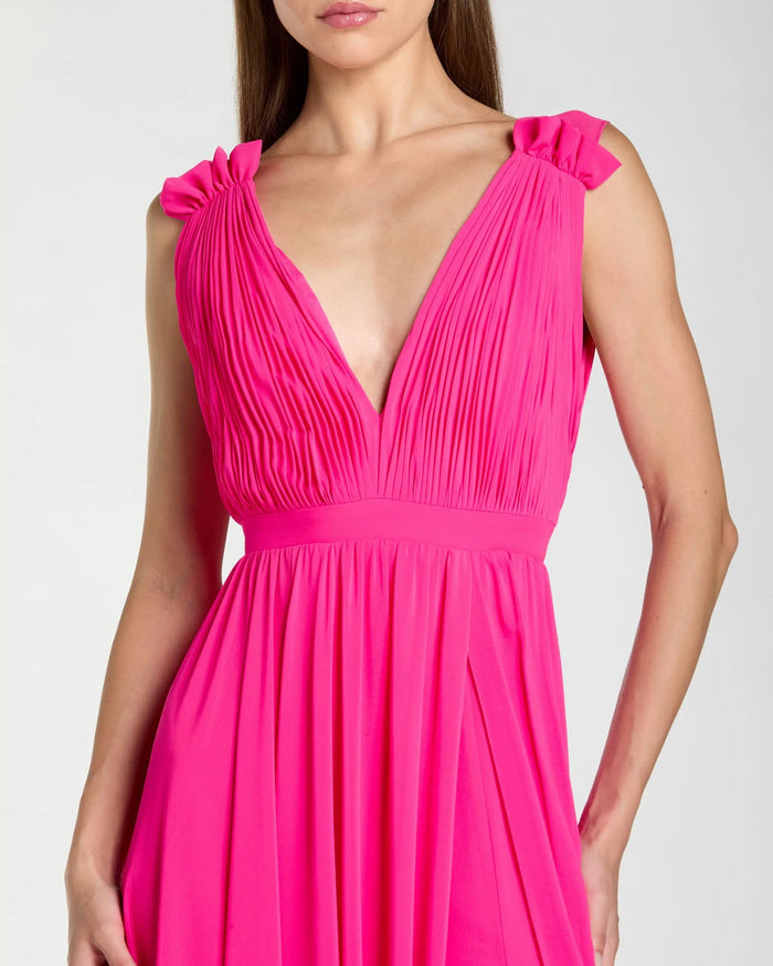 Petite Pink Sleeveless Pleated Chiffon V-Neck Gown Ieena for Mac Duggal