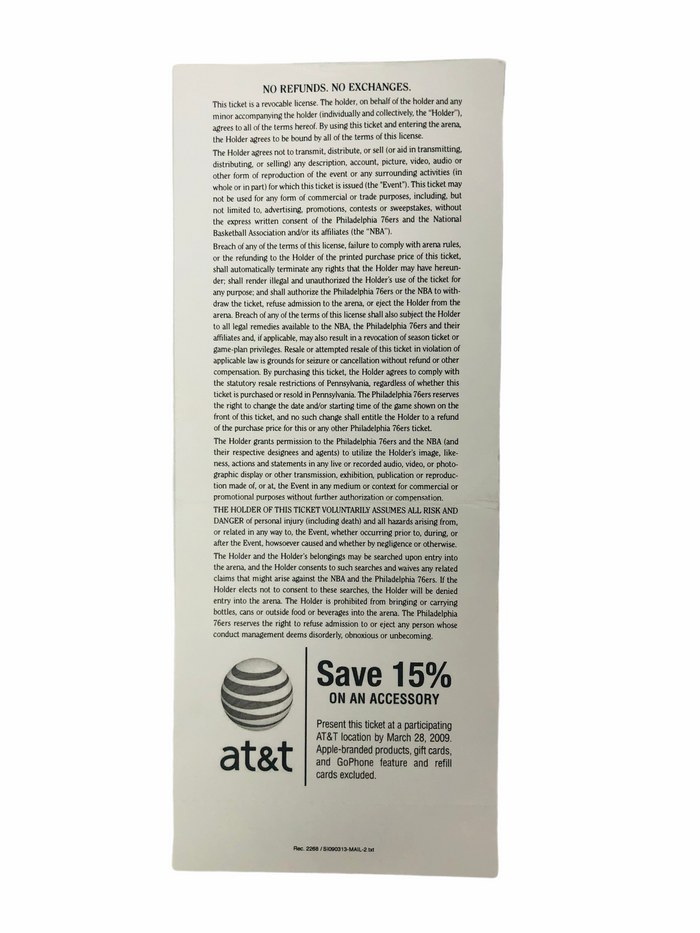 PHILADELPHIA SIXERS 2008 LAST GAME AT SPECTRUM COMMEMORATIVE TICKET