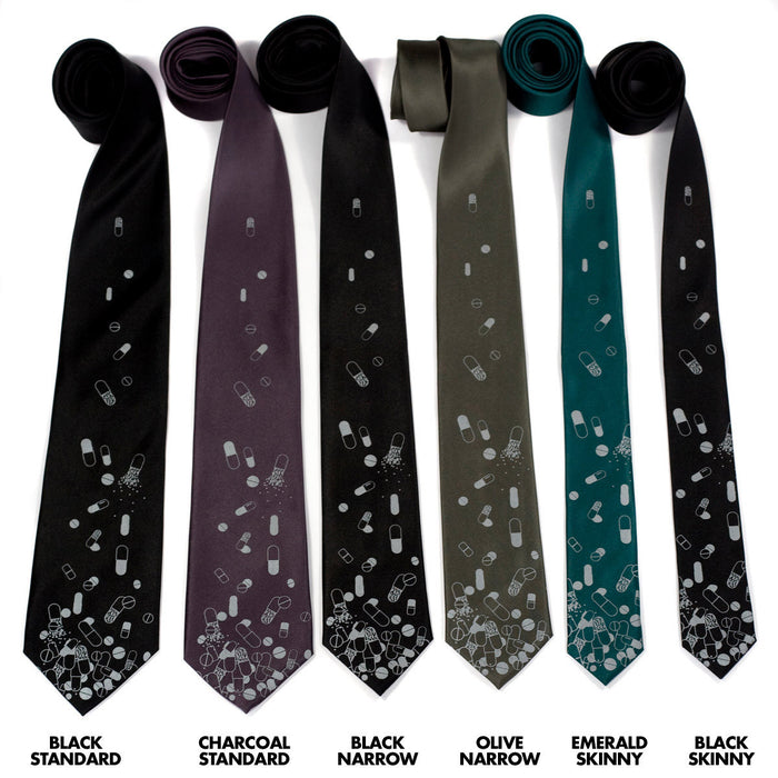 Pill spill neckties, dove gray screenprint.