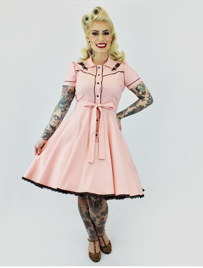 Pink Black Rose Vintage Rockabilly Western Country Women Dress