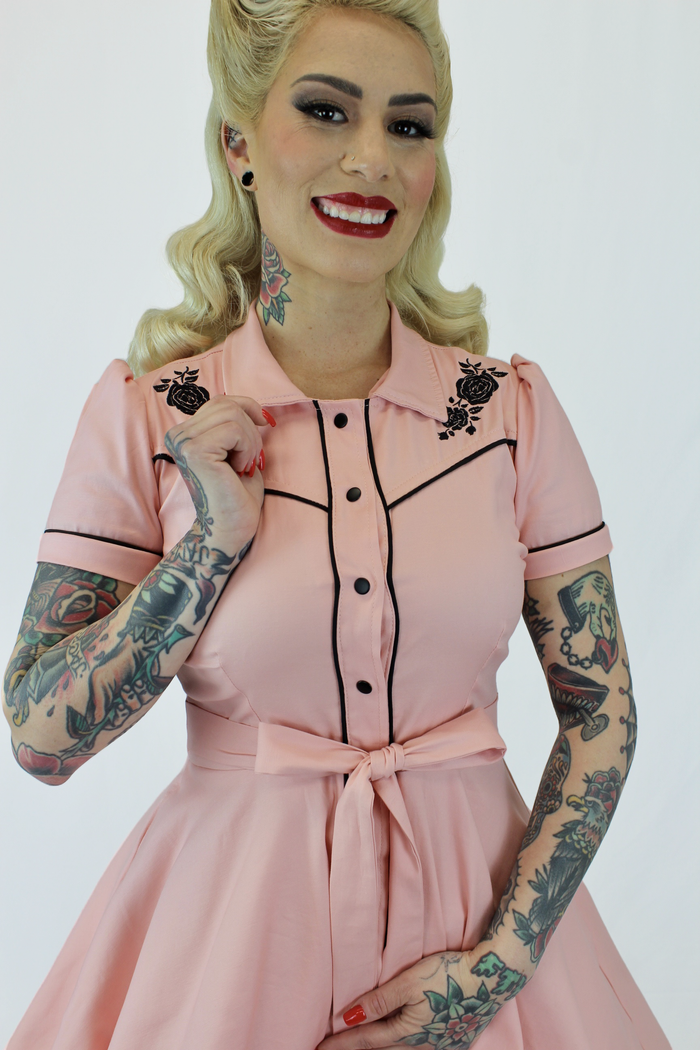 Pink Black Rose Vintage Rockabilly Western Country Women Dress