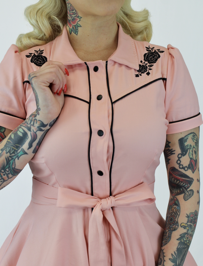 Pink Black Rose Vintage Rockabilly Western Country Women Dress