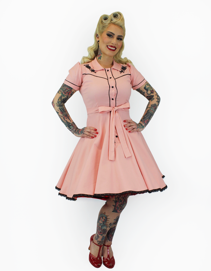 Pink Black Rose Vintage Rockabilly Western Country Women Dress