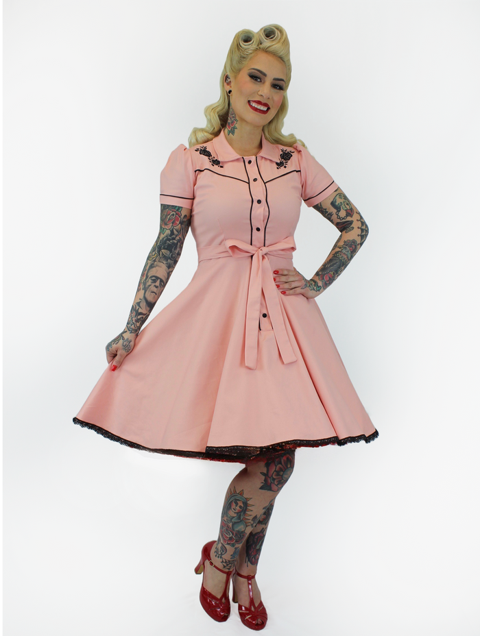 Pink Black Rose Vintage Rockabilly Western Country Women Dress