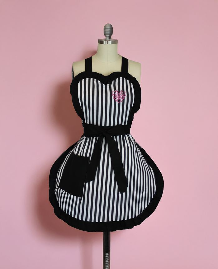 Pink Spiderweb Heart Black & White Striped Vintage Inspired Apron