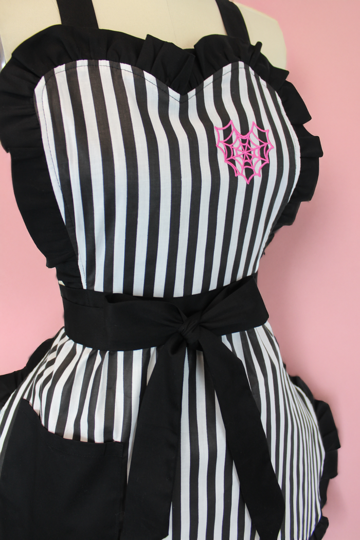 Pink Spiderweb Heart Black & White Striped Vintage Inspired Apron