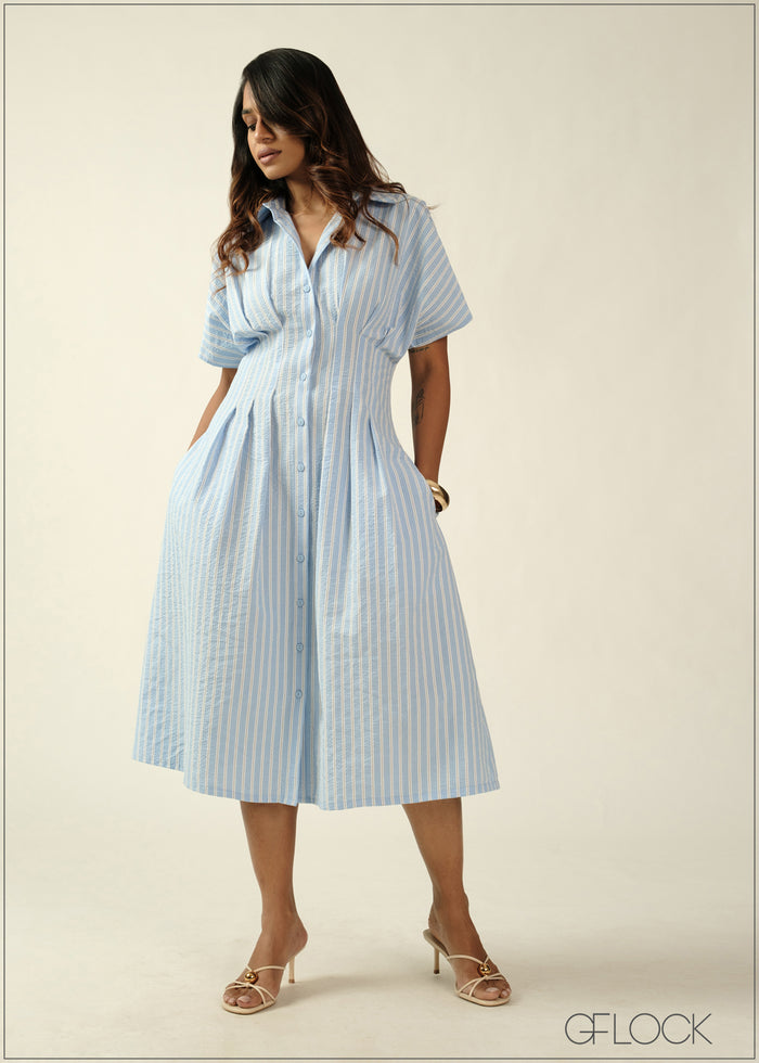 Pleat Detailed Stripe Midi Dress - 270726