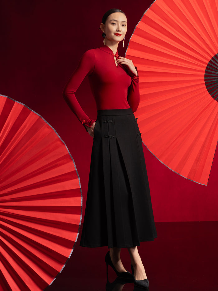 OGLmove Pleated Frog Button Decor Midi A-line Skirt Limited Edition Retro Red XS