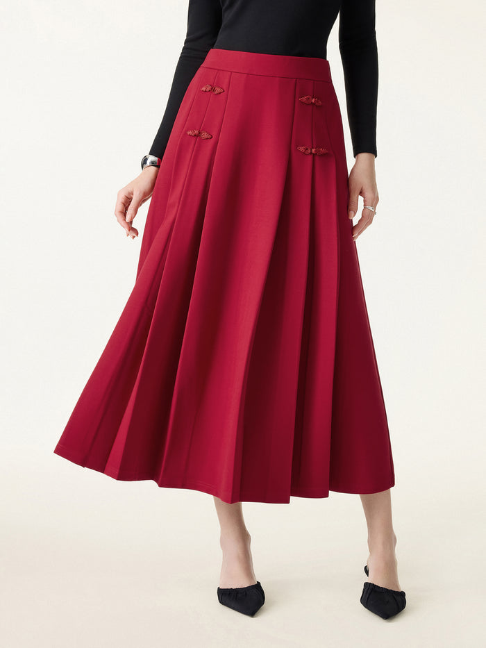 OGLmove Pleated Frog Button Decor Midi A-line Skirt Limited Edition