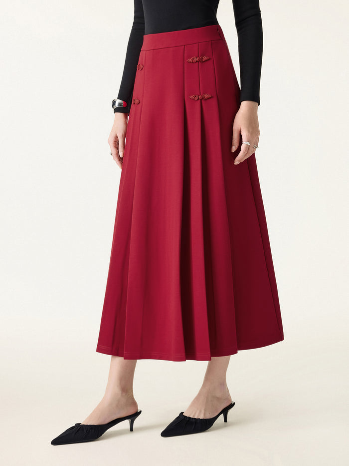 OGLmove Pleated Frog Button Decor Midi A-line Skirt Limited Edition