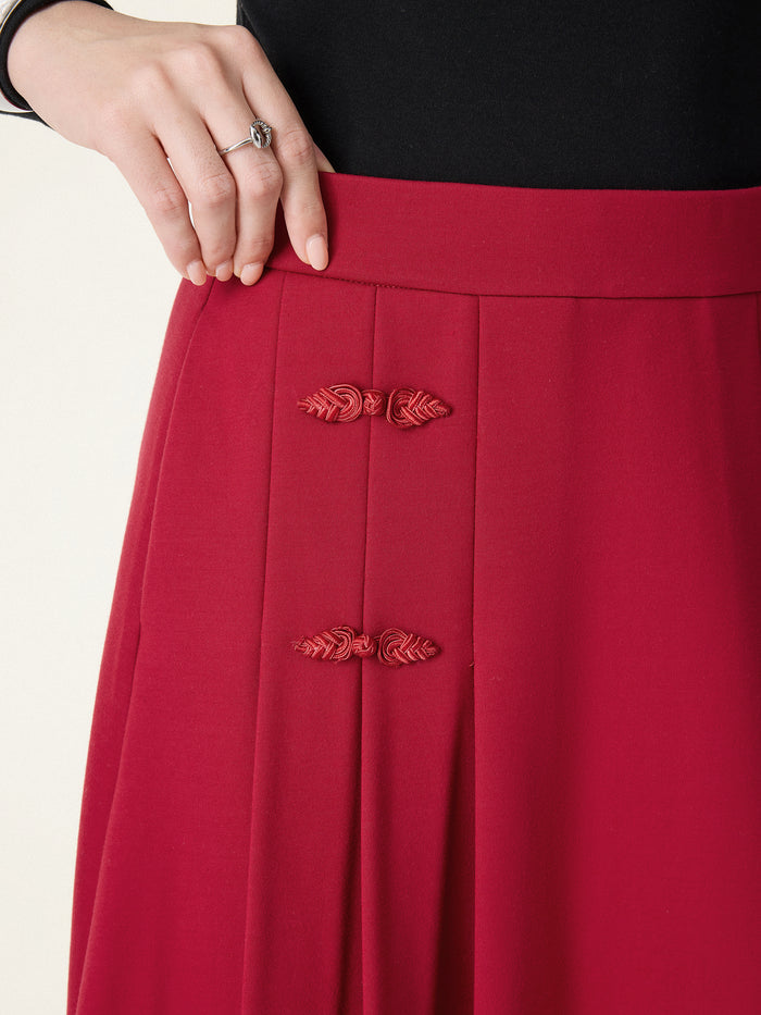 OGLmove Pleated Frog Button Decor Midi A-line Skirt Limited Edition