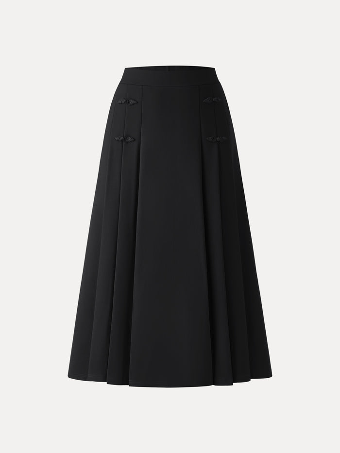 OGLmove Pleated Frog Button Decor Midi A-line Skirt Limited Edition Black XS