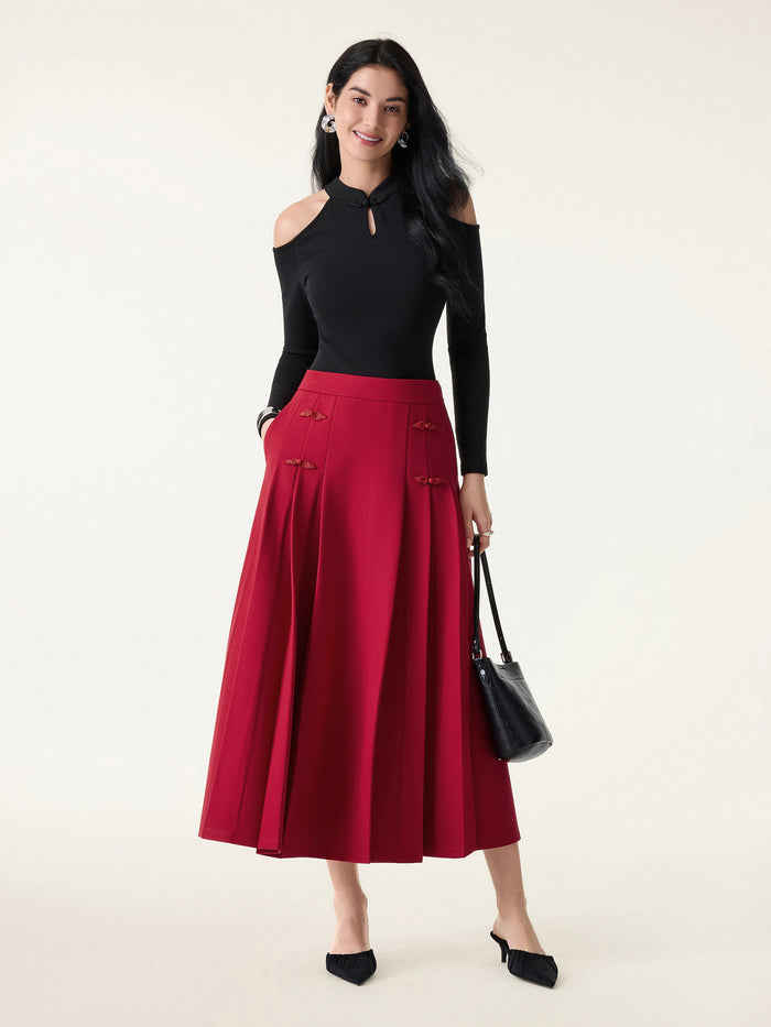 OGLmove Pleated Frog Button Decor Midi A-line Skirt Limited Edition