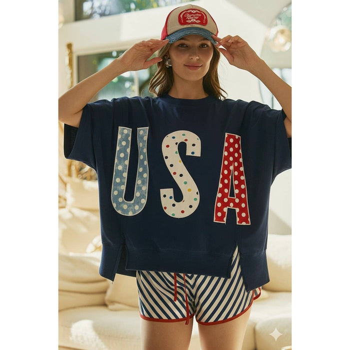 Polka Dot Usa Lettered Patch Work Top