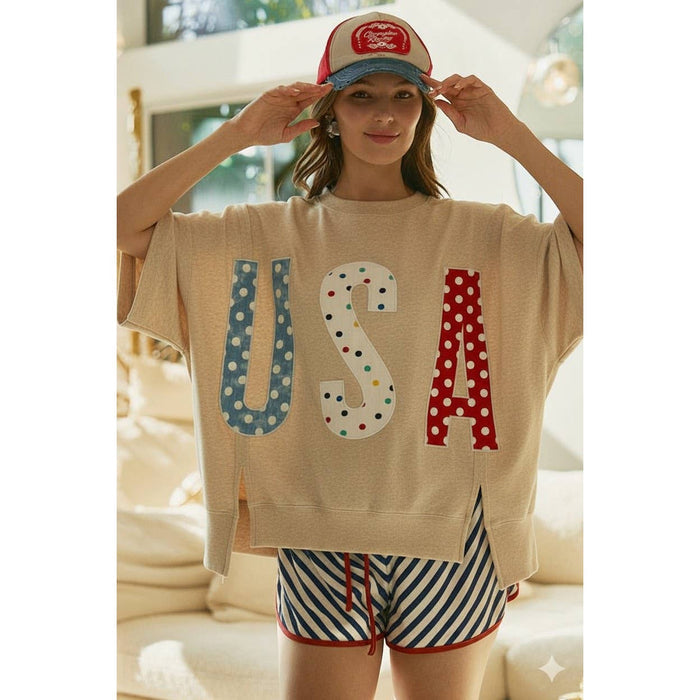 Polka Dot Usa Lettered Patch Work Top