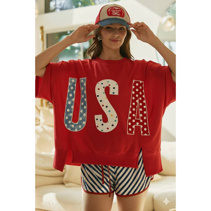 Polka Dot Usa Lettered Patch Work Top