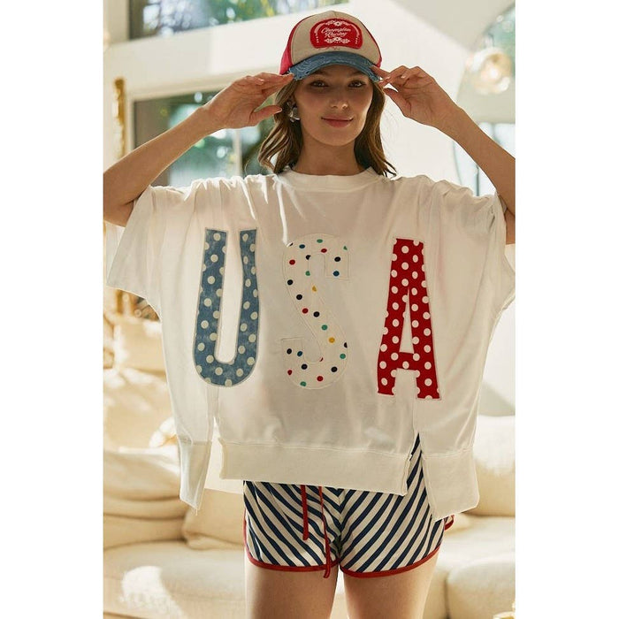 Polka Dot Usa Lettered Patch Work Top