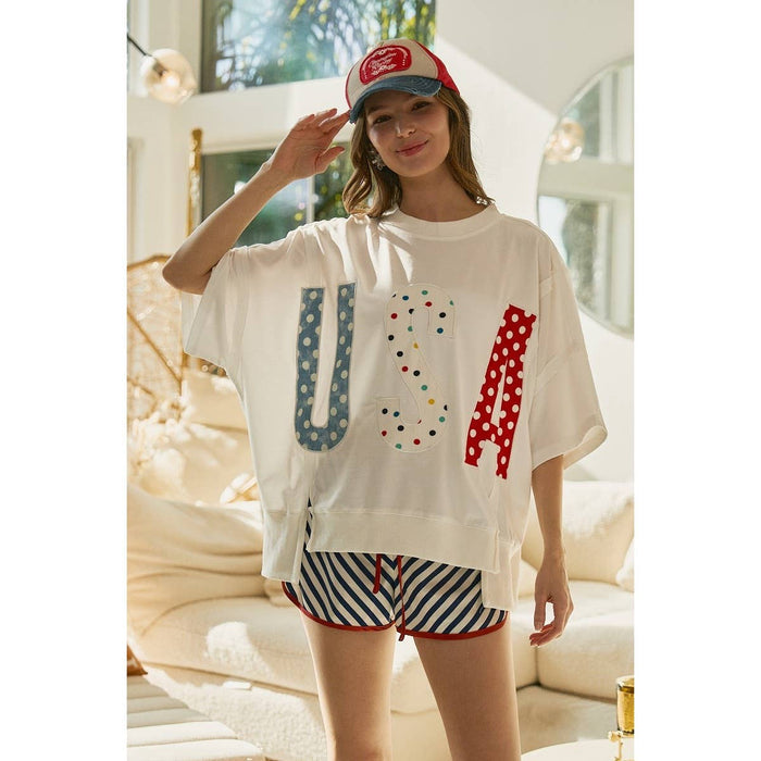 Polka Dot Usa Lettered Patch Work Top
