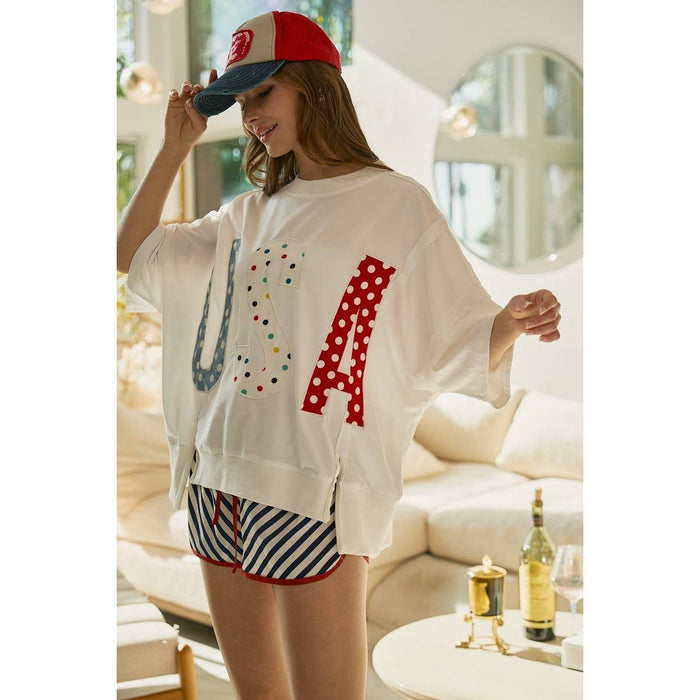 Polka Dot Usa Lettered Patch Work Top
