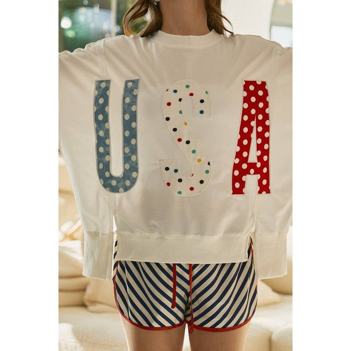 Polka Dot Usa Lettered Patch Work Top