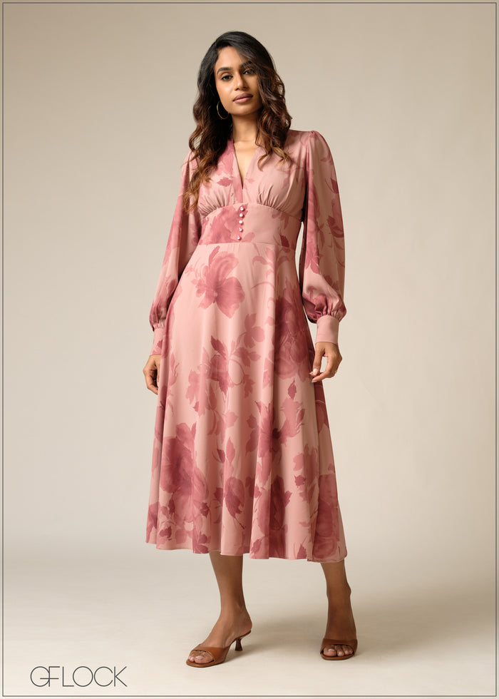 Printed Puff Sleeve Midi Dress