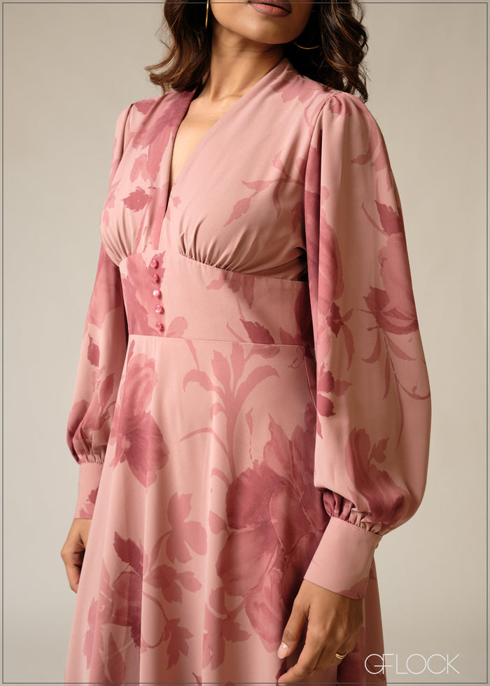 Printed Puff Sleeve Midi Dress