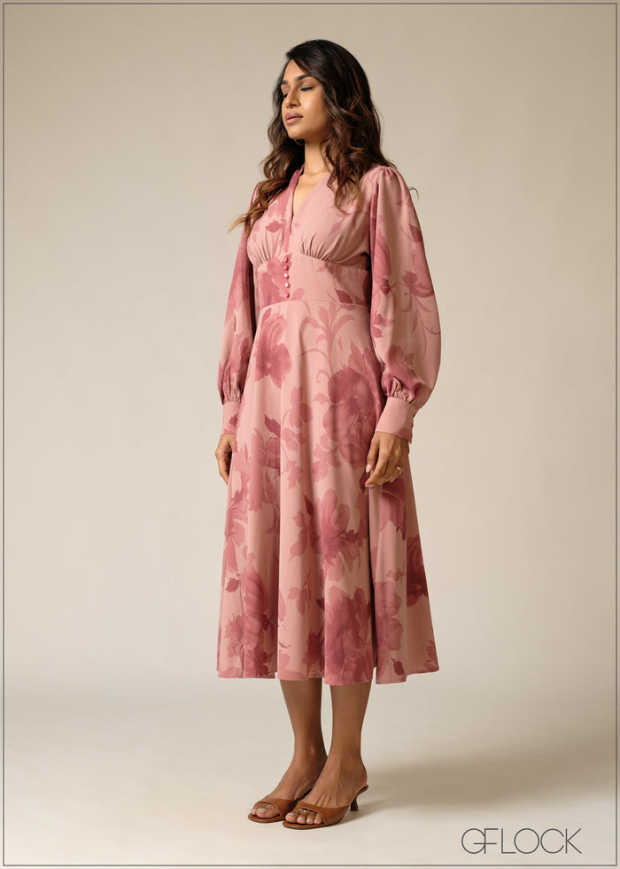 Printed Puff Sleeve Midi Dress