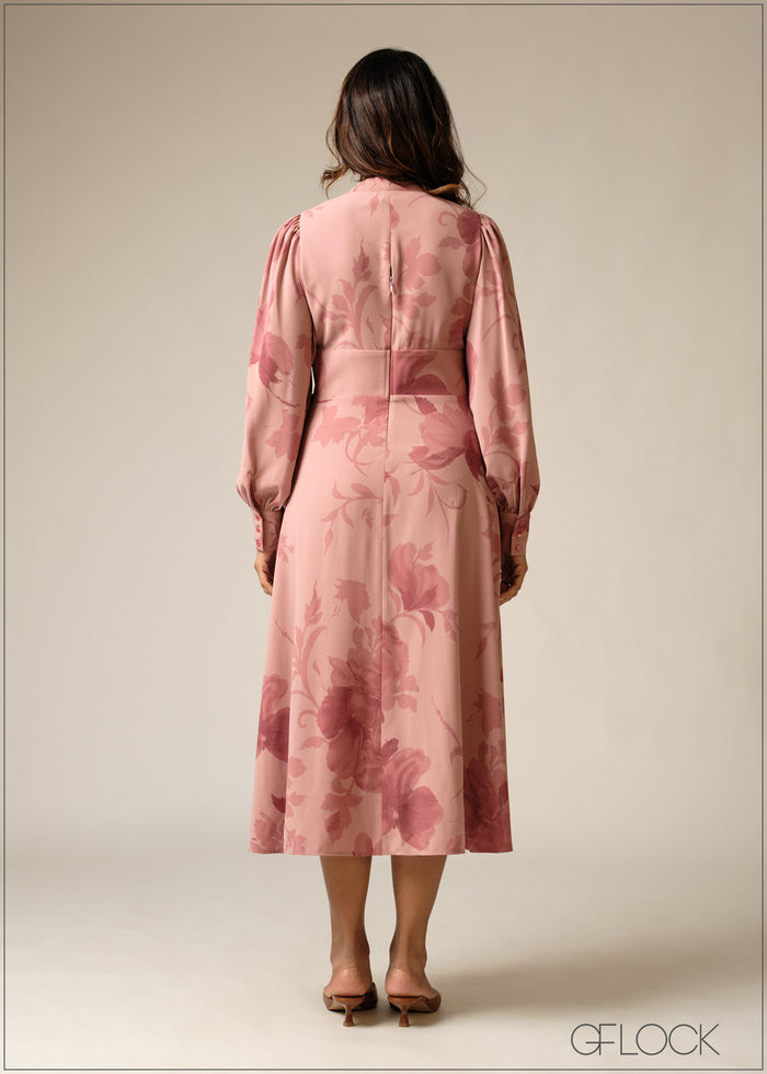 Printed Puff Sleeve Midi Dress
