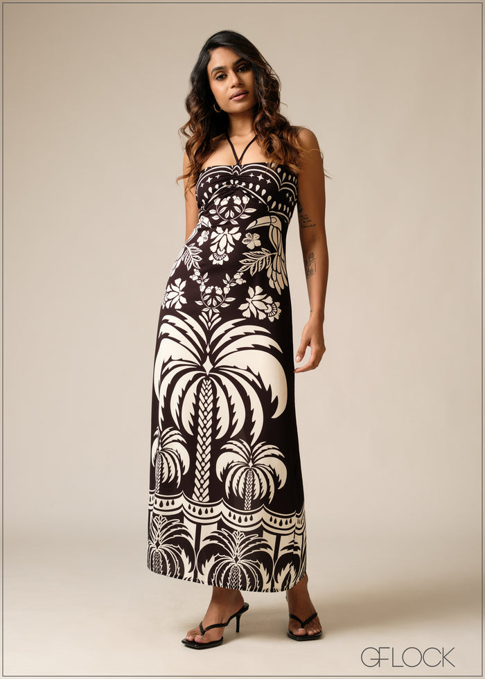 Printed Tie Neck Split Dress - 150626