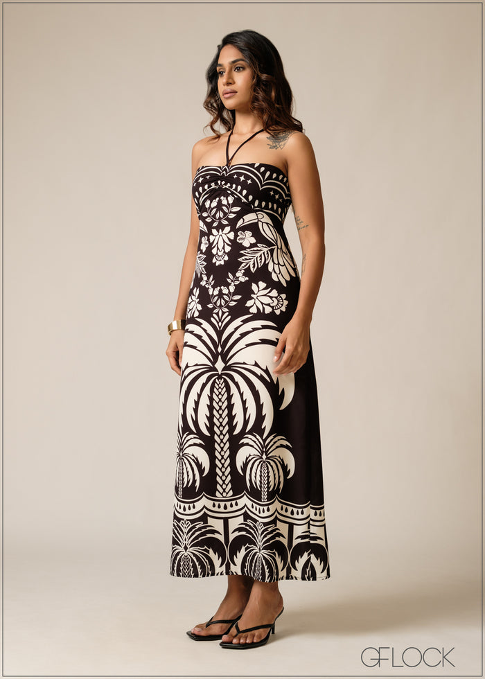 Printed Tie Neck Split Dress - 150626