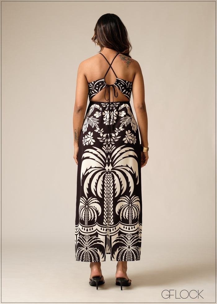 Printed Tie Neck Split Dress - 150626
