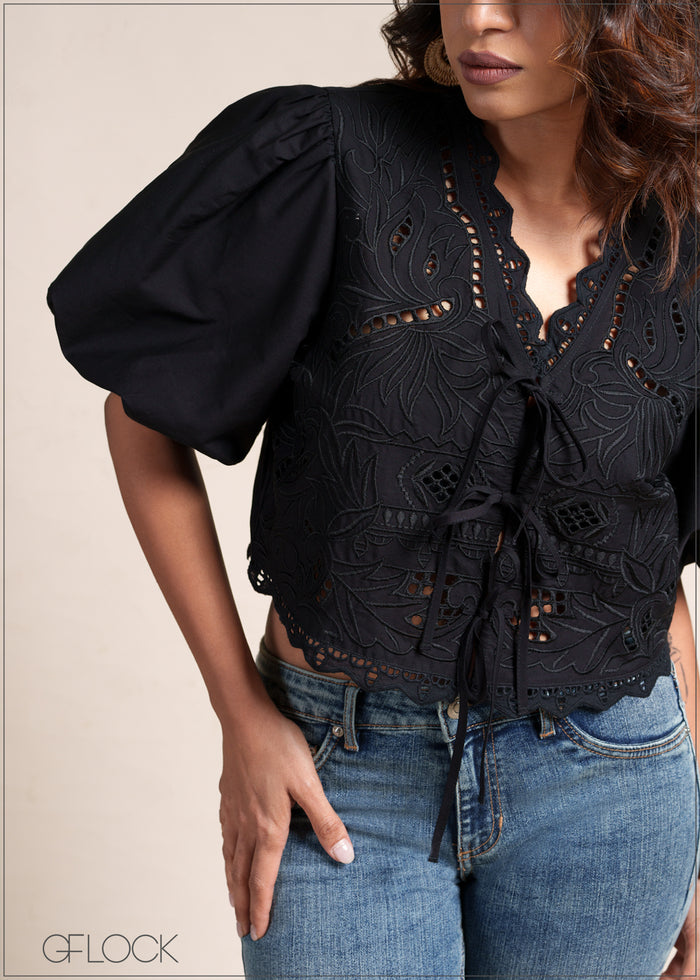Puff Sleeve Cutwork Top - 110526