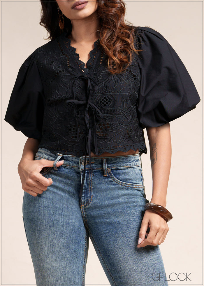 Puff Sleeve Cutwork Top - 110526