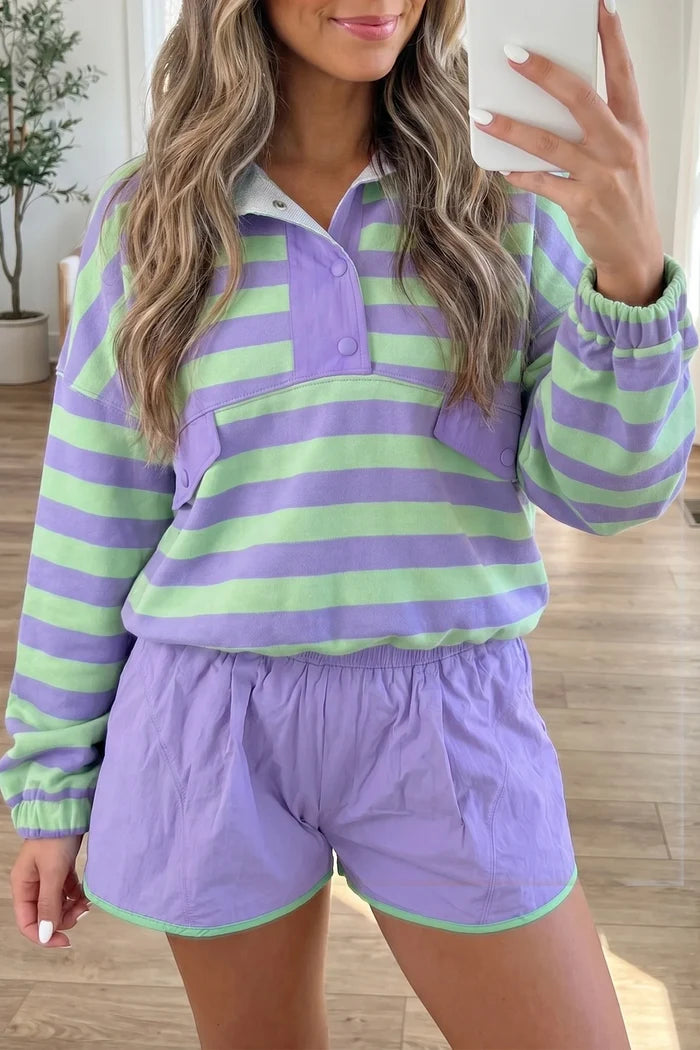 Purple Stripe Halt Button Long Sleeve Top Mix and Match Shorts