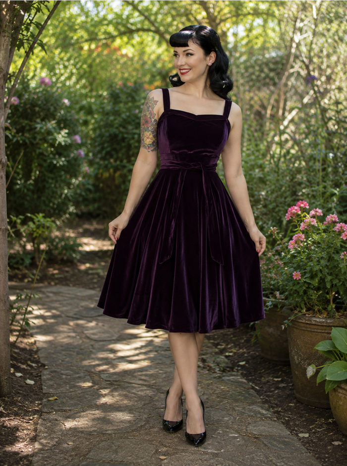 Purple Velvet Strap Swing Dress, Rockabilly Midi Dress