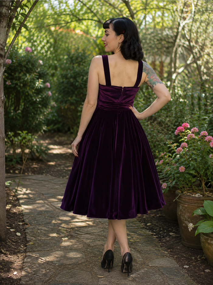 Purple Velvet Strap Swing Dress, Rockabilly Midi Dress