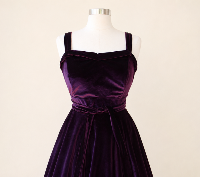 Purple Velvet Strap Swing Dress, Rockabilly Midi Dress