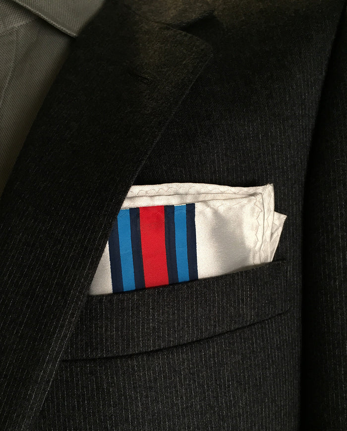 Racing Stripes pocket square: Martini-inspired Livery. White handkerchief.