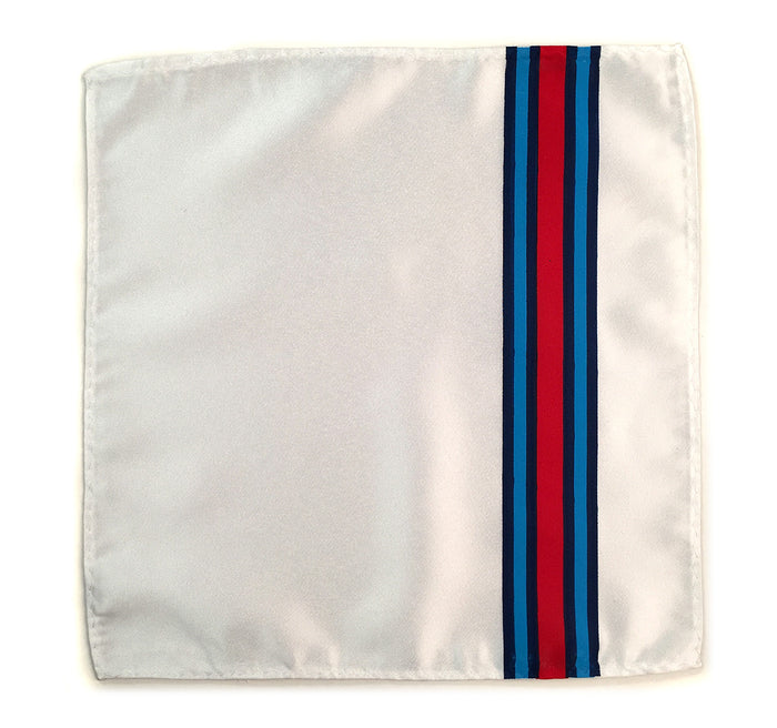 Racing Stripes pocket square: Martini-inspired Livery. White handkerchief.