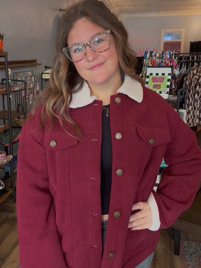Red corduroy jacket with Sherpa trim