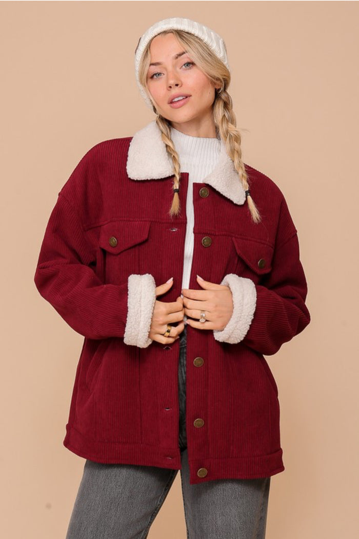Red corduroy jacket with Sherpa trim