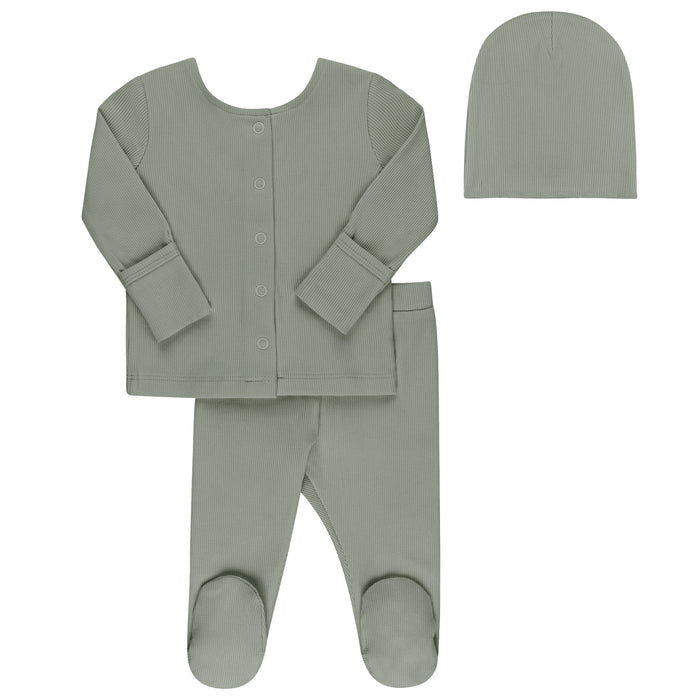 Ribbed Cardigan Set  - Two Piece Footed Baby Set + Beanie