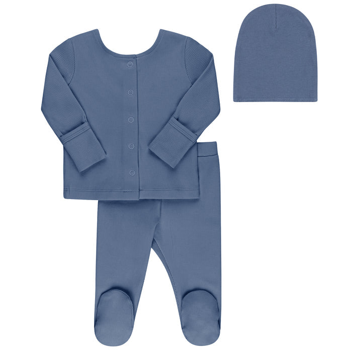Ribbed Cardigan Set  - Two Piece Footed Baby Set + Beanie