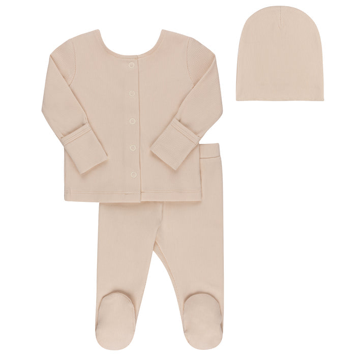 Ribbed Cardigan Set  - Two Piece Footed Baby Set + Beanie