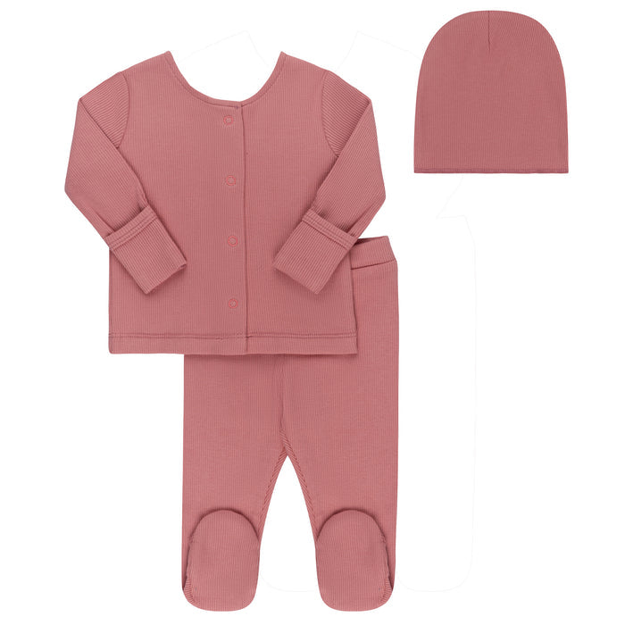 Ribbed Cardigan Set  - Two Piece Footed Baby Set + Beanie