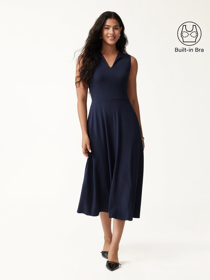 OGLmove Ribbed Collared V-Neck Sleeveless A-Line Midi Bra Dress with Pockets